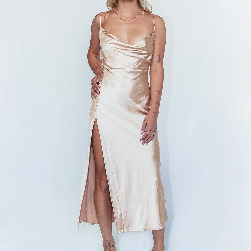 Princess Polly Satin Dress in Tan